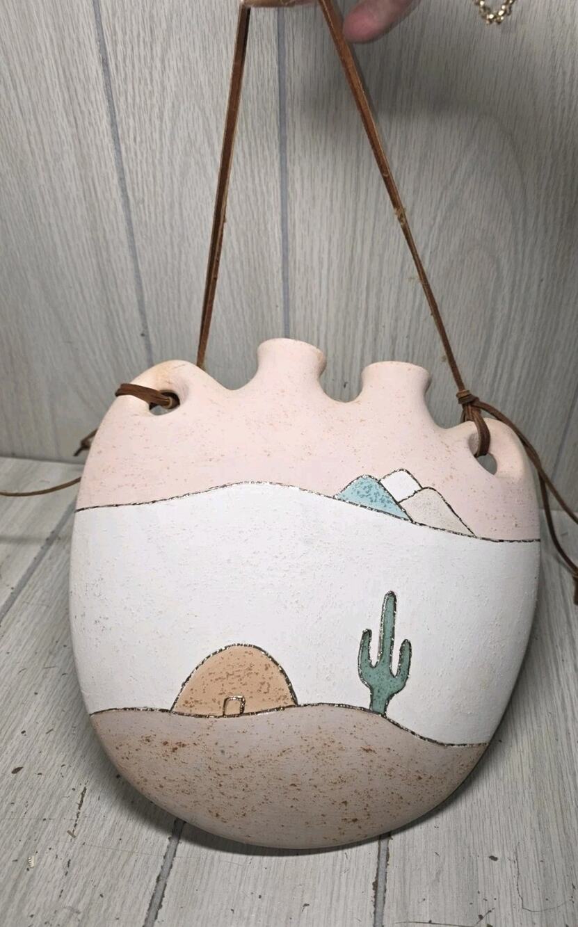 Vintage 1990’s Pottery Pastel Southwest Cactus Wall Hanging Jug Vase Native